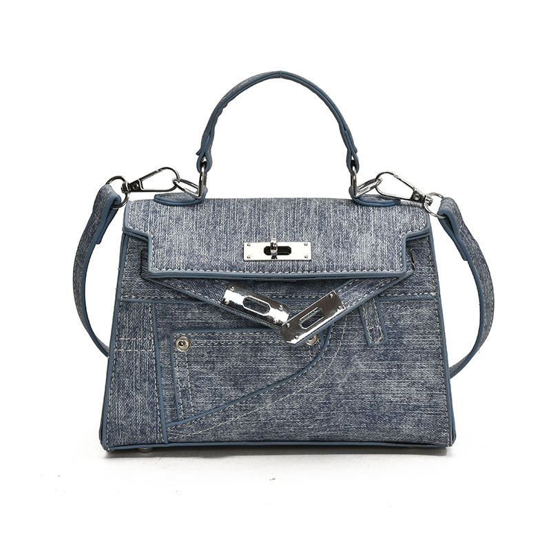 Premium Splicing Kelly Bag Women's Lock Denim Shoulder Bag