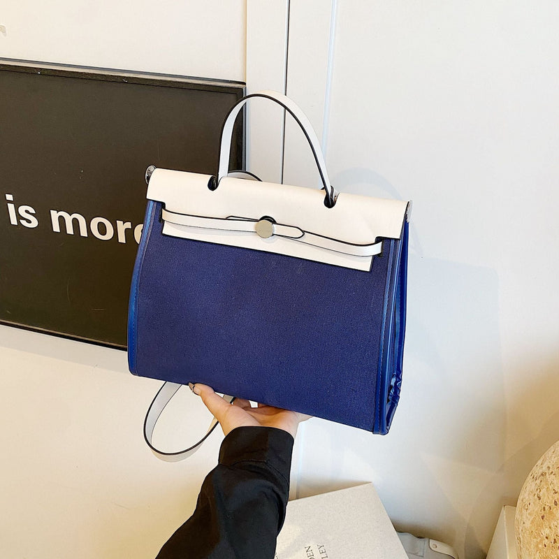 High-End Canvas Splicing Kelly Bag Large-Capacity Shoulder Bag