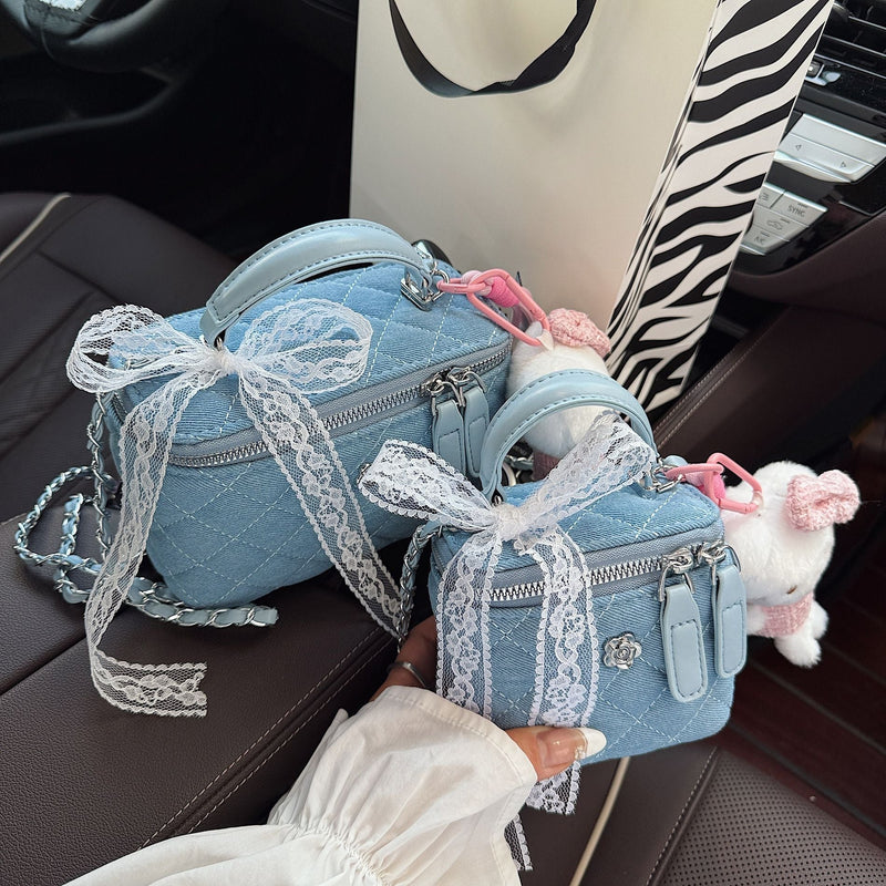 Rhombus Chain Box Bag Denim Shoulder Bag for Women