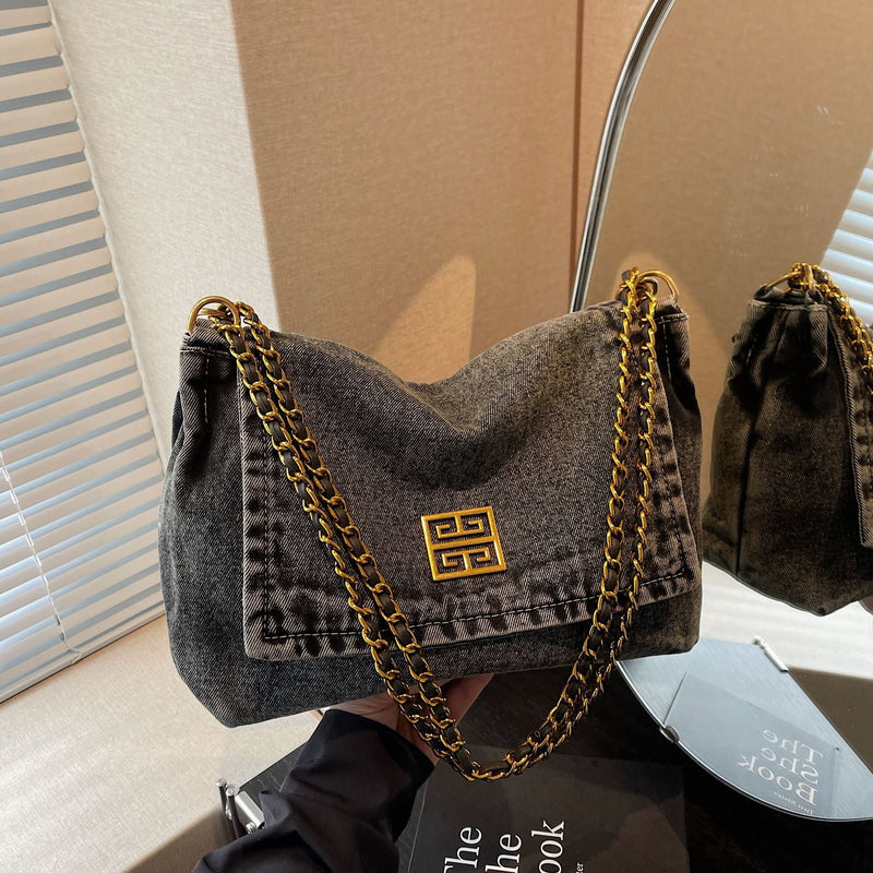 Versatile Denim Shoulder Bag Large Capacity Commuter Handbag