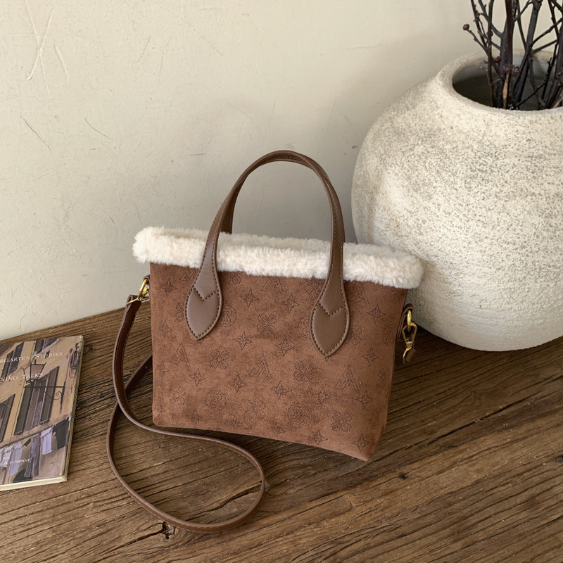 Retro Plush Bucket Bag Large Capacity Women's Light Luxury Handbag