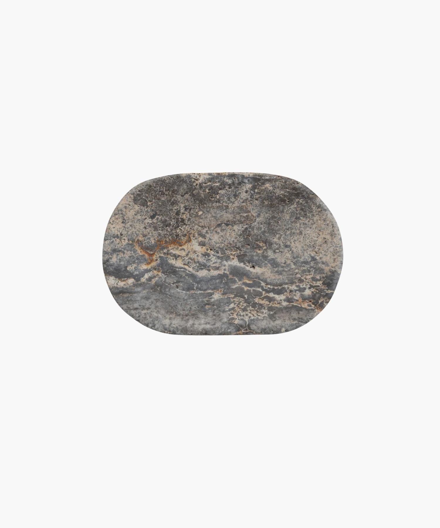 Overhead view of an oval shaped travertine soap dish with a rough, textured surface in shades of gray and hints of brown. It conveys a rustic, natural, and minimalist aesthetic.