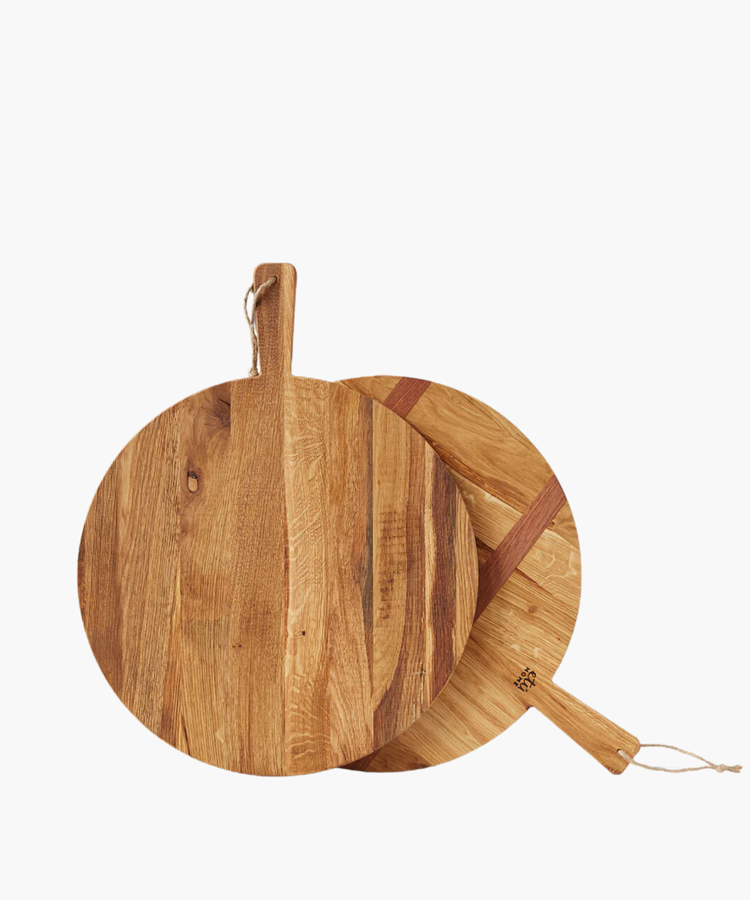 Two round wood cutting boards overlap on a white background, featuring natural wood grain and handles with hanging loops, conveying a rustic kitchen feel. | SW Home