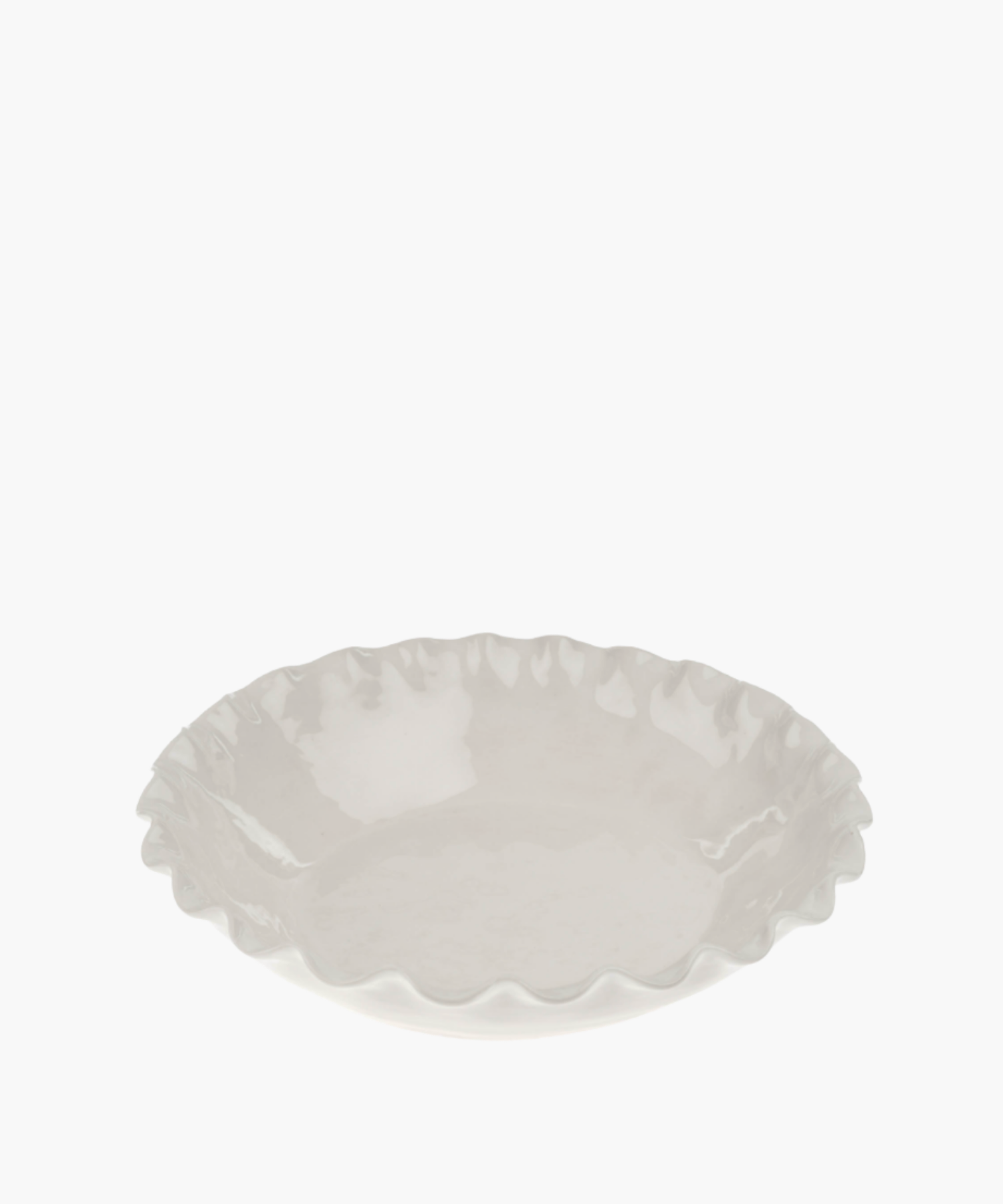 Ceramic serving bowl with a glossy, white finish, featuring a ruffled edge. The dish is empty and sits on a plain white background. | SW Home